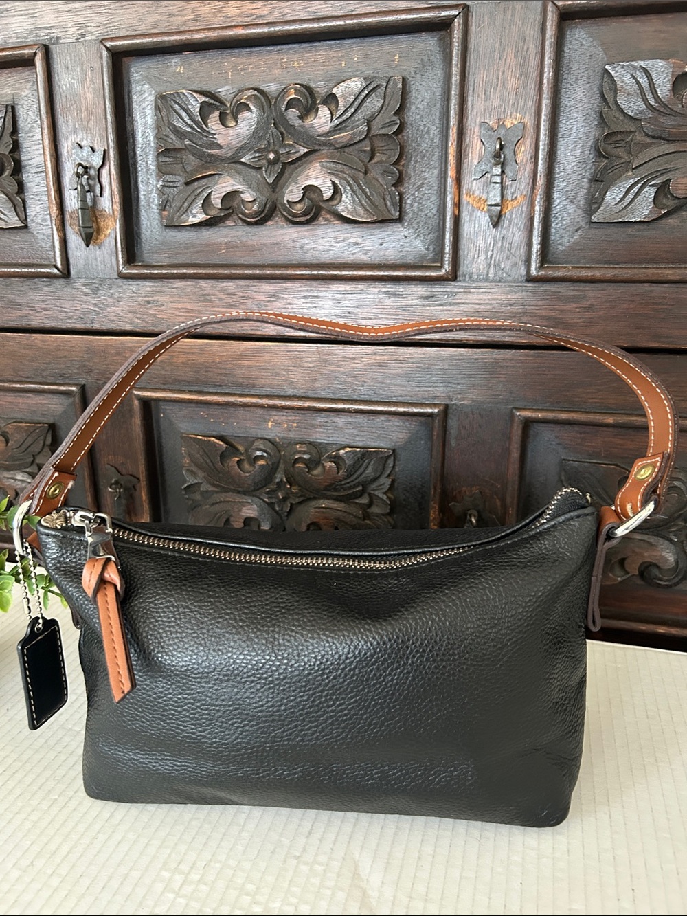 Black Leather Wristlet with Brown Strap - Picture 4 of 11